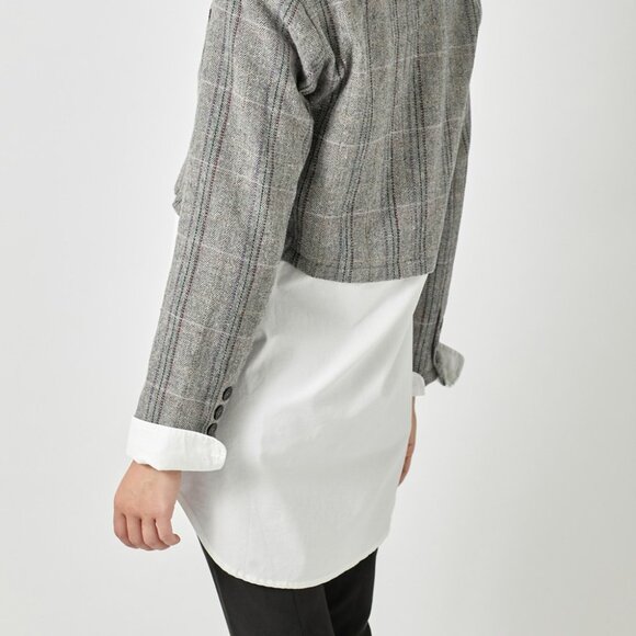 MYSTREE Grey Plaid Contrast Blazer Shirt Combo, Mixed Media Layered Button Down - Picture 6 of 8